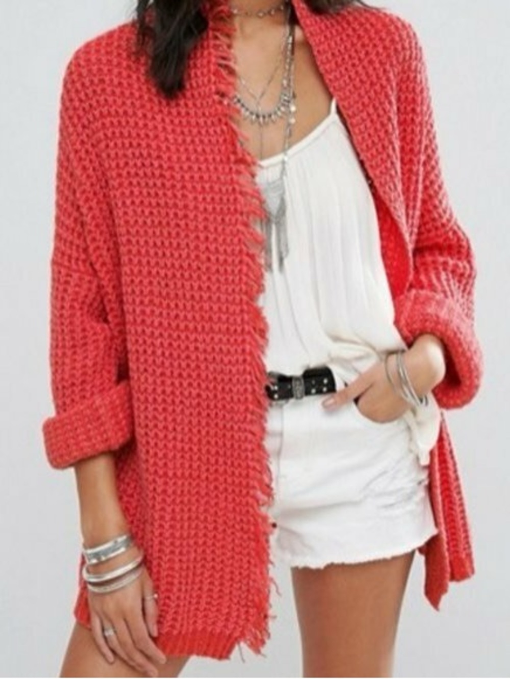 Free People I’ll Be Around Bright Coral Open-Front Knit Cardigan